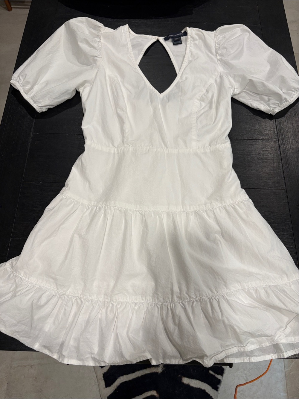 French Connection White Tiered V-Back Puff-Sleeve Dress- poplin